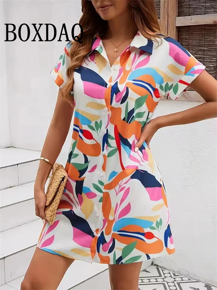 Summer Women‘s Dress Fashion Geometri Printed Short Sleeve Dresses 2025 Party Elegant Sundress Casual Button Lapel Shirts Dress