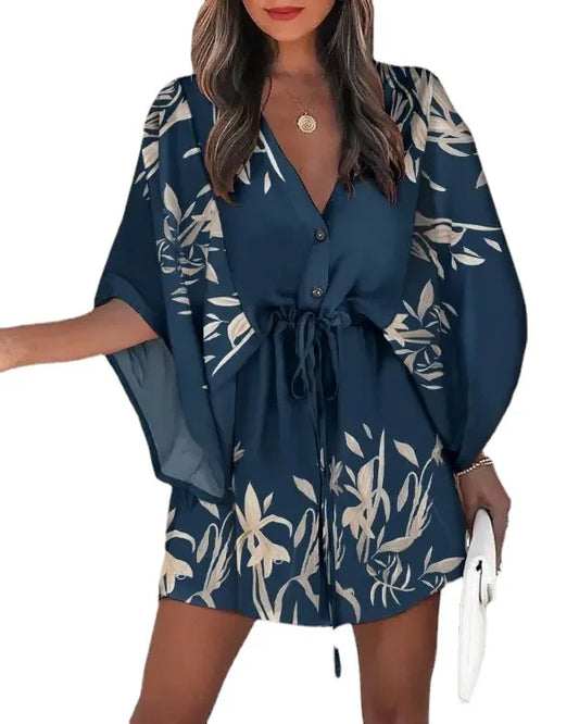 Summer Dress For Women 2024 New Floral Print Bat Half-Sleeve V-Neck Ruffle Irregular Hem Female Dress Casual Boho Women Clothes