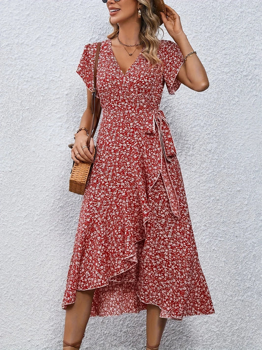 Summer Dresses for Women Sexy V Neck Short Sleeve Irregular High Waist Lace-up Flower Print Dress Casual Beach Dresses