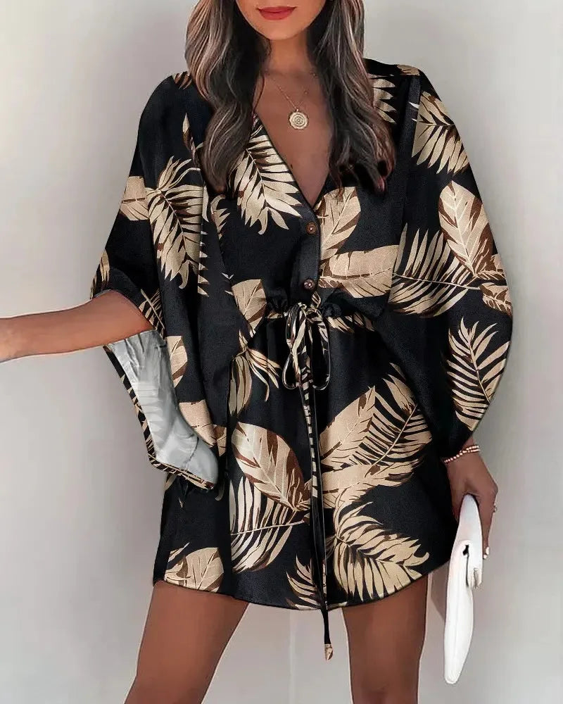 Summer Dress For Women 2024 New Floral Print Bat Half-Sleeve V-Neck Ruffle Irregular Hem Female Dress Casual Boho Women Clothes