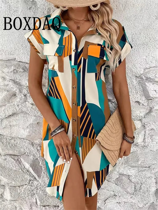 Summer Women‘s Dress Fashion Geometri Printed Short Sleeve Dresses 2025 Party Elegant Sundress Casual Button Lapel Shirts Dress