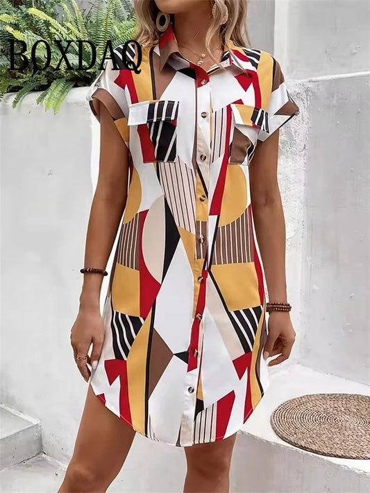 Summer Women‘s Dress Fashion Geometri Printed Short Sleeve Dresses 2025 Party Elegant Sundress Casual Button Lapel Shirts Dress