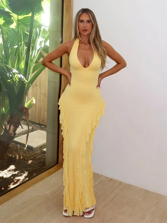 Summer dresses 2025 new backless camisole yellow long dress luxury elegant dress dresses summer cotton ladies robe femme soiree